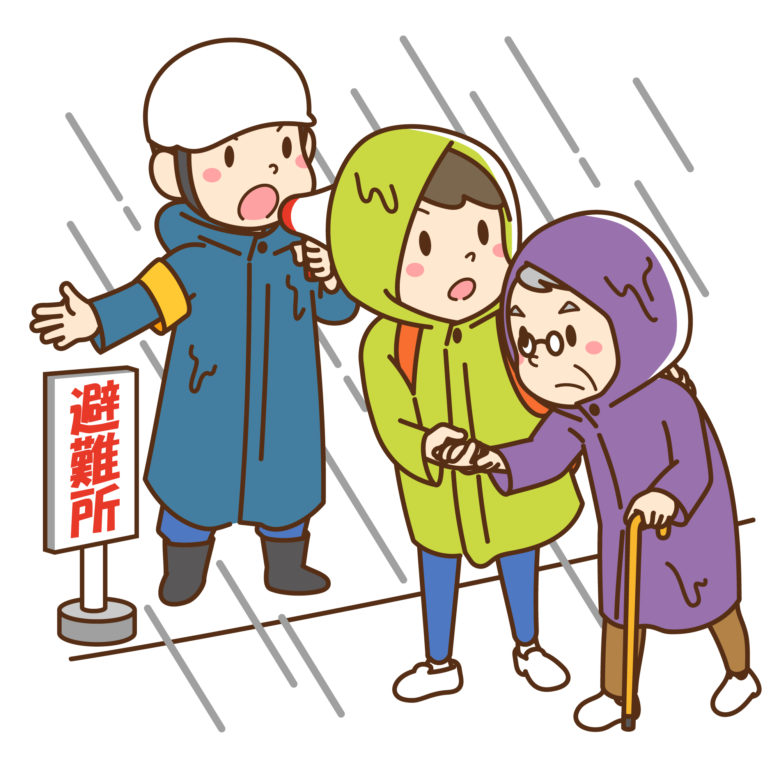 雨の中を避難す高齢者